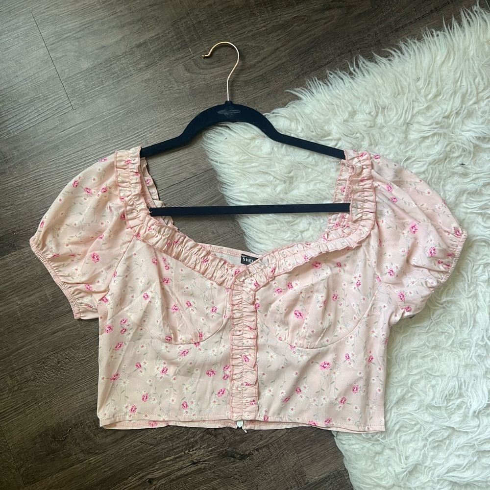 Shein large off the shoulder floral crop top zipper blouse milkmaid ruffle nwot